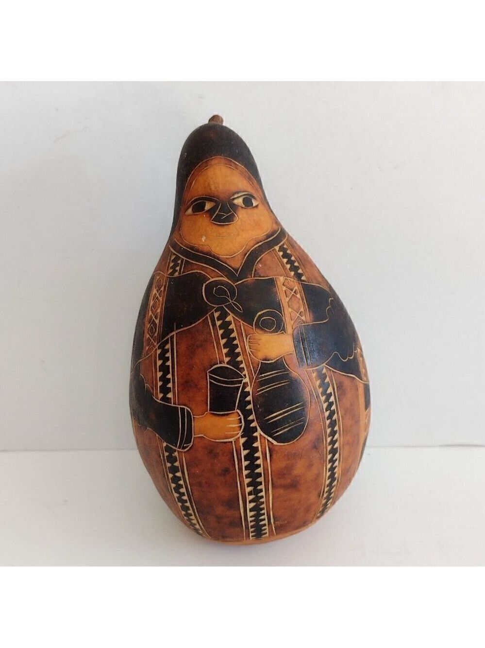Vintage Handcarved Peruvian Gourd Man W/ Jug Cup Folk Art Musical Rattle 7"